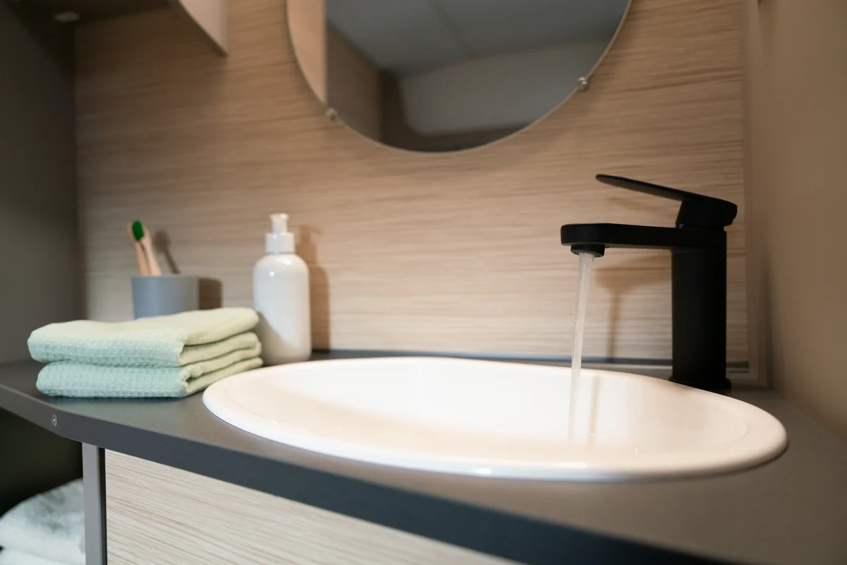 witte ovale wastafel met zwarte design kraan voor kleine caravans met wc